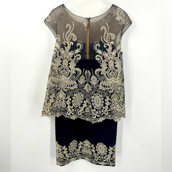 Marchesa 100% Silk Lace Pattern Shift Dress Black Gold Womens 2 Short Cap Sleeve - Picture 11 of 12